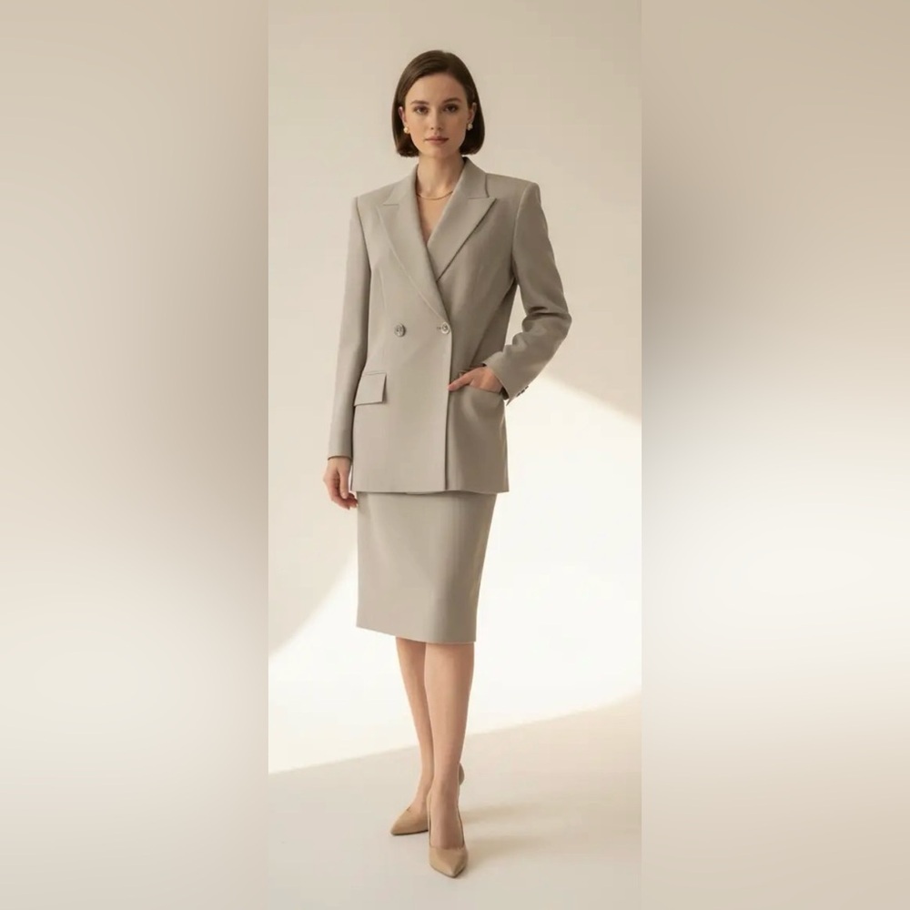 Jaeger London 2-Piece Taupe Shade Wool Suit – Blazer & Skirt Set Vintage